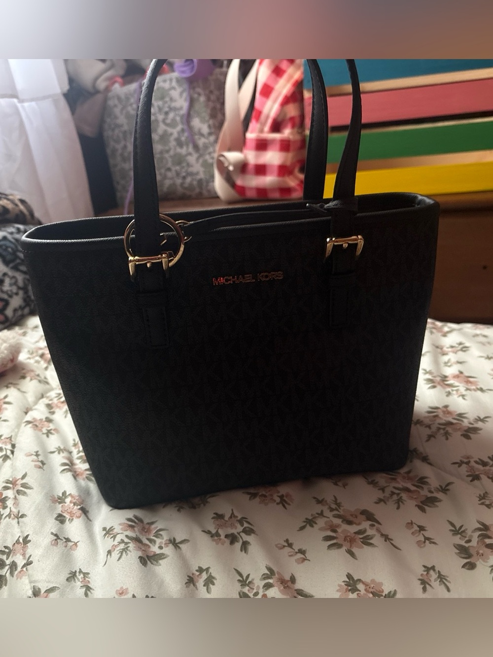 Michael Kors Black Signature Tote with Gold Hardware